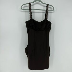 Alice + Olivia Y2K Bodycon Mini Dress Women's Bustier Brown Rushed Dress Beaded